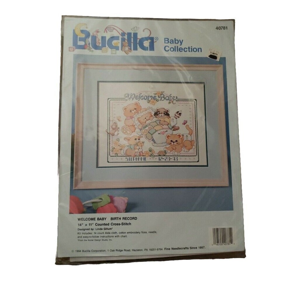 BUCILLA Counted Cross Stitch Kit WELCOME BABY BIRTH RECORD #40781 14" x 11" NOS